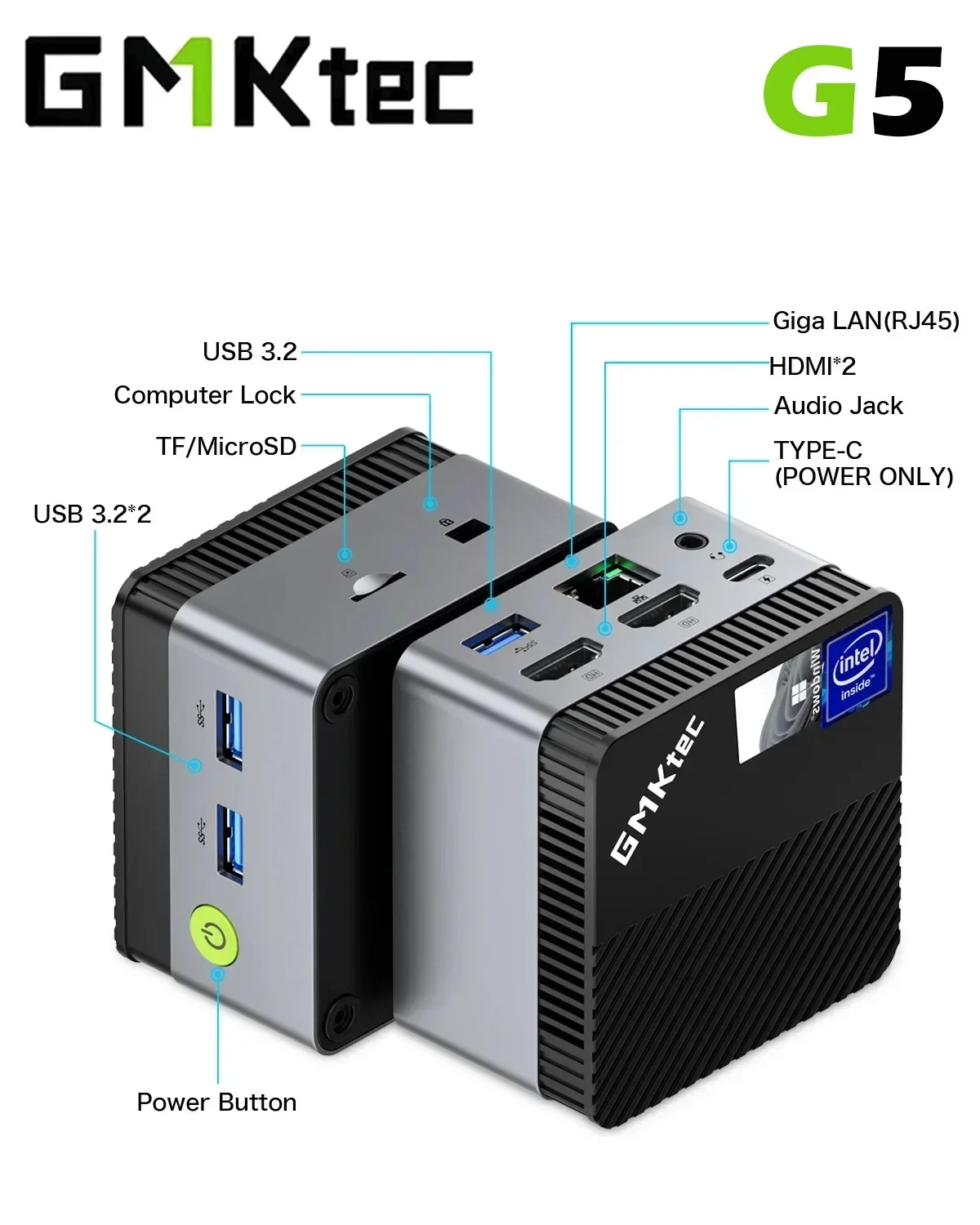 سطح المكتب المدمج GMKtec G5 الجديد - الجيل الثاني عشر N97، 12 جيجابايت رام 256 جيجابايت SSD، M.2 SATA، Win11 Pro، كمبيوتر صغير محمول