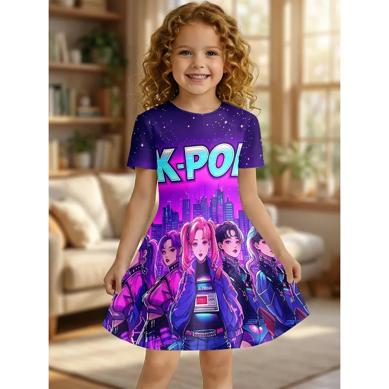 Girl's Neon Color K-Pop Group City Print Dress Purple Galaxy Short Sleeved T-shirt Dress Suitable for Birthday Gifts and Parties