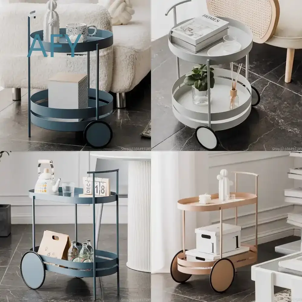 Nordic Minimalist Creative Sofa Side Table for Living Room Movable Storage Trolley Metal Storage Rack Multi-functional