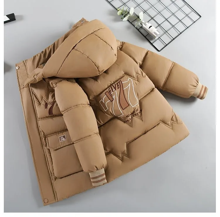 30 ℃ 2025, Winter-Jacke für Teenager und Jungen, Plüsch, dick, Kälteprävention, Briefdruck, mit Kapuze, Daunen-Baumwolle, Outdoor-Jacken für 4–11 Jahre – Detail 5