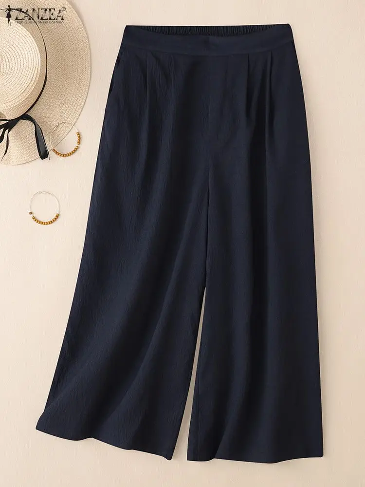 ZANZEA Pantaloni da donna a gamba larga con trama increspata 2025 Pantaloni a metà polpaccio in vita elastica autunnale tinta unita Abbigliamento casual quotidiano