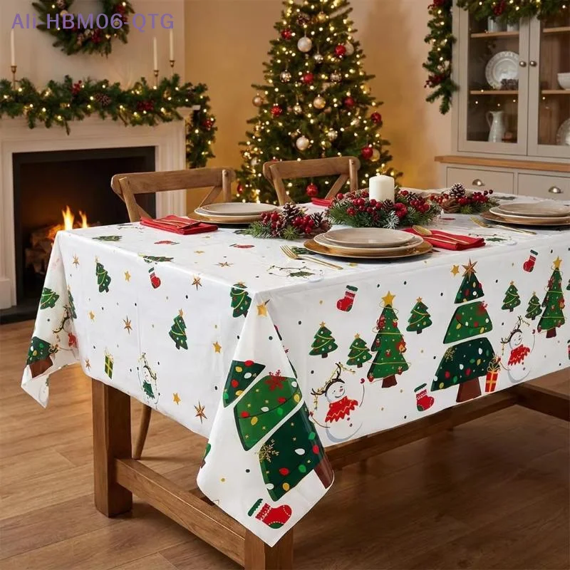 NEW Disposable Xmas Plastic Tablecloth Tree Snowman Print Waterproof Stain Resistant For Xmas Decor