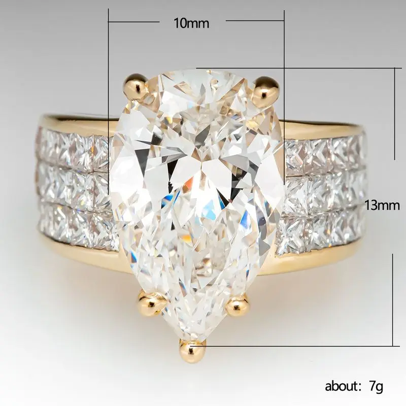 Women's 925 Sterling Silver Gold Color Water Drop CZ Wedding Ring