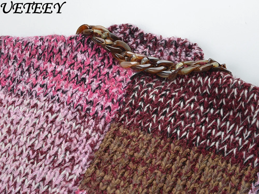 2025 Herfst Winter Nieuwe Kleurblok Losse V-hals Gebreid Vest Niche Mode Veelzijdige Single-Breasted Trui Jas