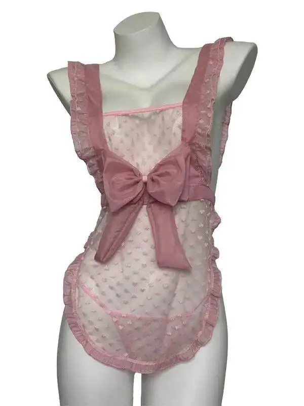 Sexy Polka Dot Lace Strap Maid Thin Backless Deep V Sleeveless Dress Transparent Mesh Lace Trimmed Mesh Splicing Bow Dress IW6Q