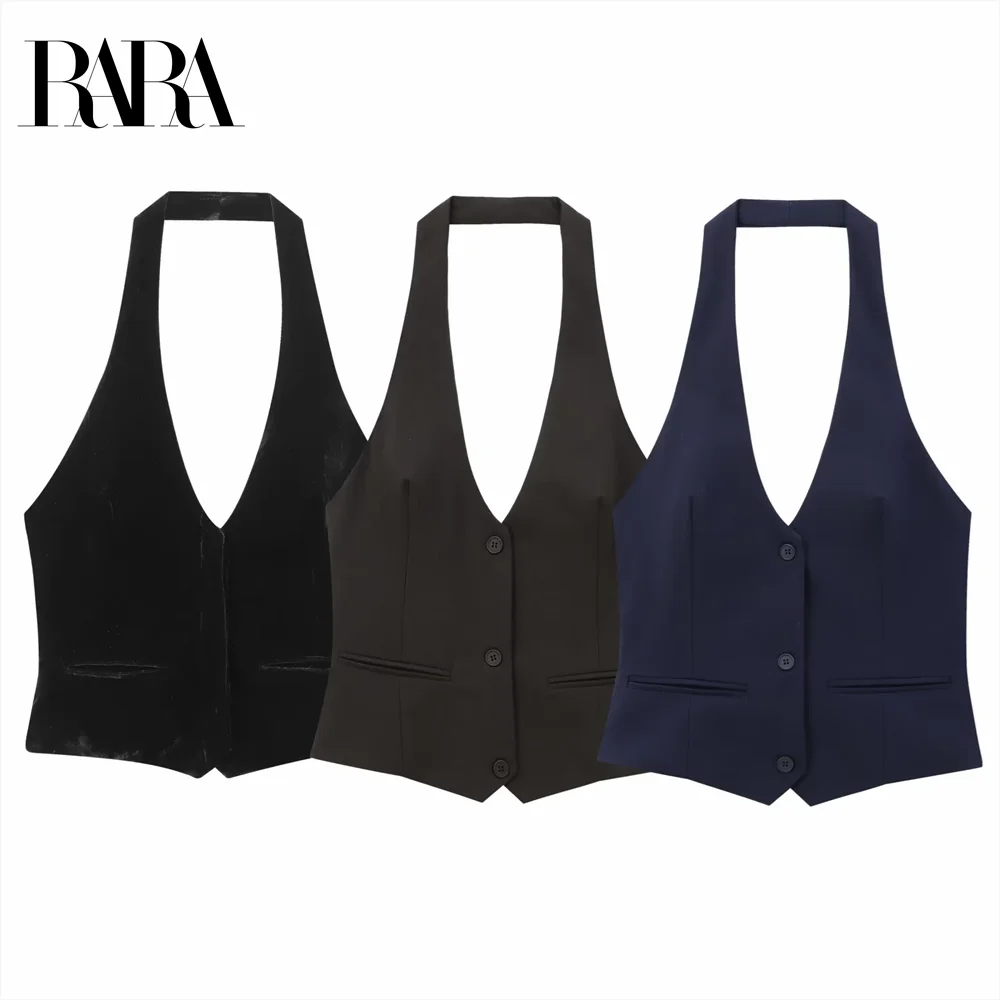 

2024 RARA Deep V-neck Slim Fit Halter Neck Sexy Versatile Backless Sling Single-breasted Top for Women