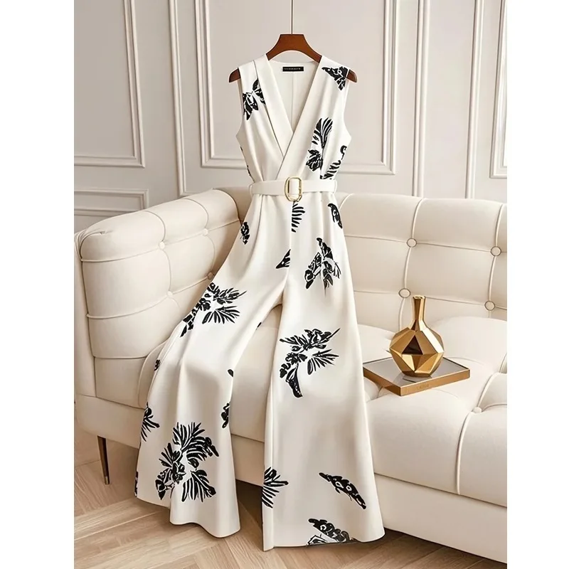 Jumpsuit Leher V Tanpa Lengan Gaya Vintage Perancis Elegan Wanita Musim Panas 2025 dengan Celana Kaki Lebar Motif Bunga Mewah Pinggang Berikat