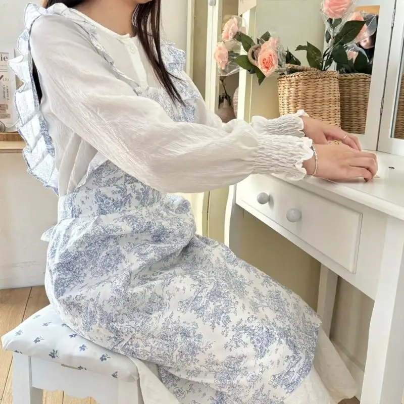 HX6F French Style Watercolor Print Apron with Ruffle Hem Adjustable Neck and Waist Straps Cotton Cooking Apron for Women