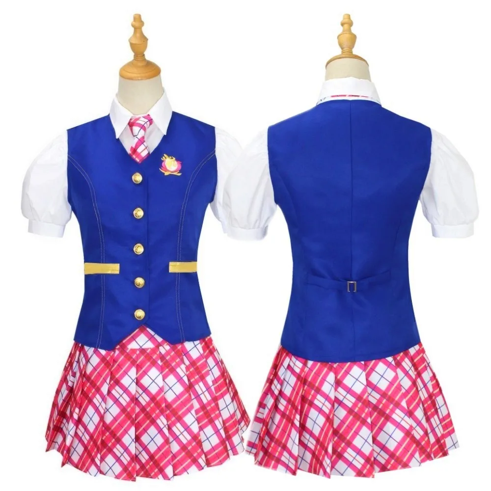 Schulmädchenuniform im Anime-Stil, blaue Weste mit rosa kariertem Rock, süßes Cosplay-Outfit für Halloween-Karnevalsparty
