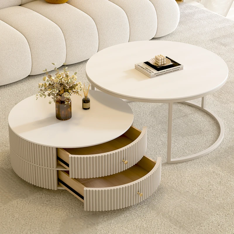 

Household cream style small apartment rock slab coffee table living room modern simple net red with drawer combination round