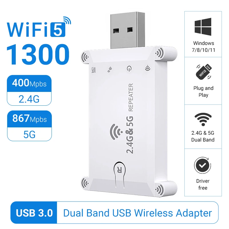 WALRAM Wifi Extender USB Portable Wifi Repeater 1200Mbps WiFi Signal Extender Amplifier Wireless Router Long Range 2.4G/5G