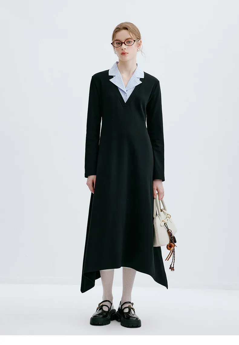 LIEDU Vintage Elegant Contrast Collar Dress Women Ruched Waist Slim Fit Long Sleeve Asymmetrical Hem Long Dress Elegant Outfit
