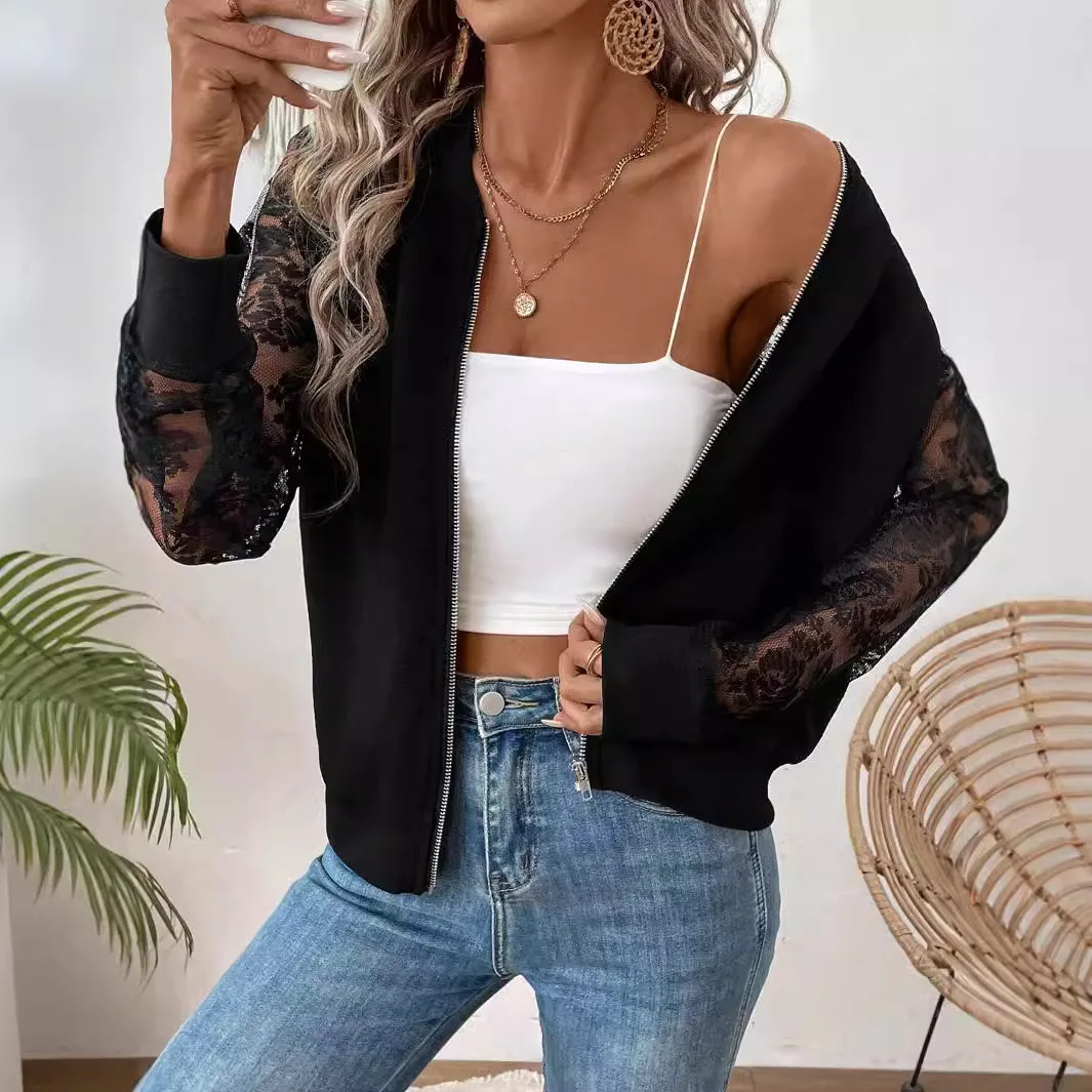 

Women's Fall/Winter 2025 Baseball Jacket with Elegant Lace Panels, Long Sleeve Crop Top Style