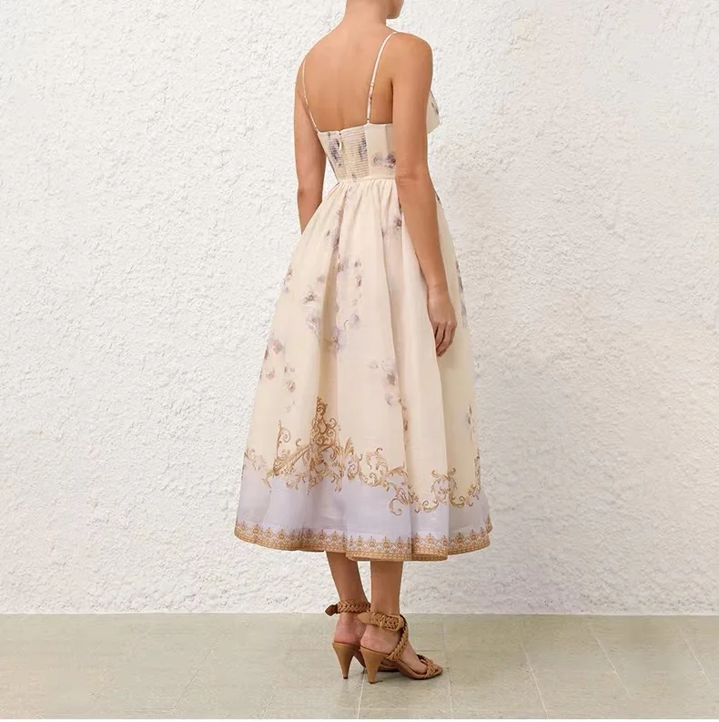 

2025 New Beige Blue Floral Print Sleeveless Deep V Neck Midi Dress for Holiday
