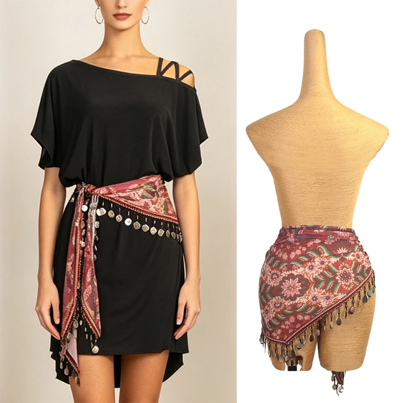

2026 Women Latin Dance Costume Print Sequin Tassels Skirt Hip Scarf Practice Clothes Adult Female Samba Dance Wearing DQL12856