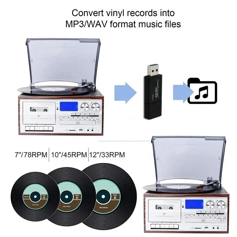 Vinyl Record Player All-In-One Turntable with External Speakers AM FM Radio Bluetooth Cassette Home Entertainment Gramophone