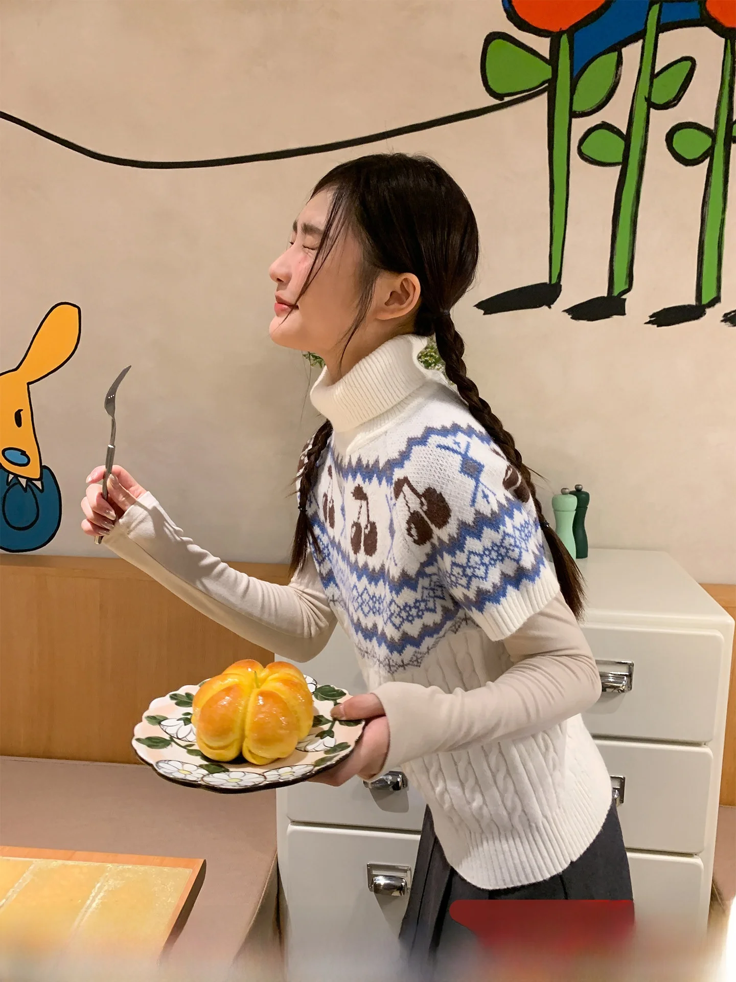 

Lazy Knitted ort Sve High Collar Sweater Color Blo Patchwork Design Soft Cozy Autumn Winter Women's Faion Fce Pul...