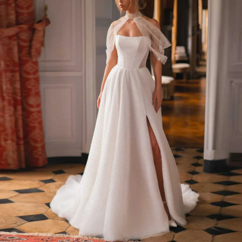 ที่กําหนดเอง Strapless Polka Dot ชุดแต่งงานสายฤดูร้อนชุดเจ้าสาวผ้าคลุมไหล่ vestidos de novia พร้อมแยก