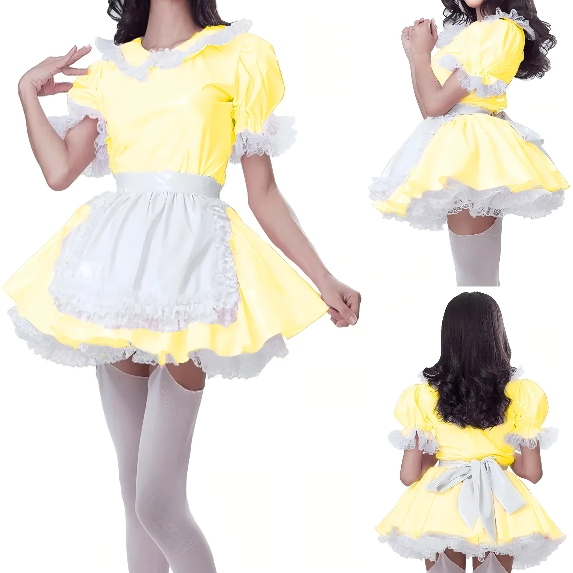 Sissy Girly girl yellow satin dress maid Cosplay costume customization