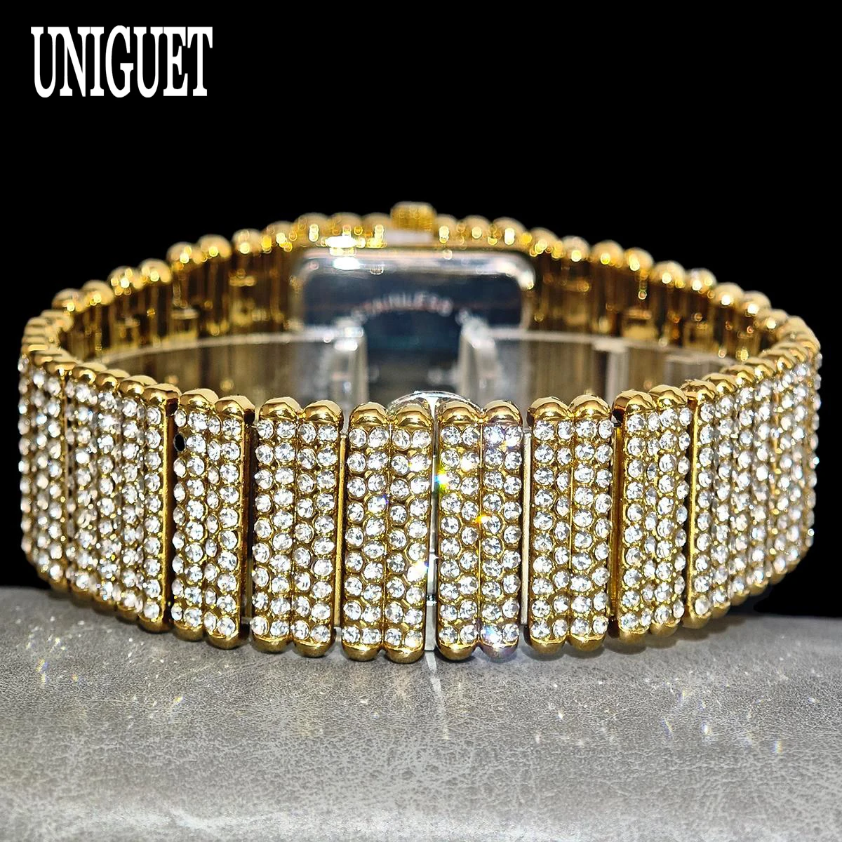 UNIGUET Luxury Gold Ice Watch For Man Hip Hop Full Diamond Bling Bling Square Wrist Watch Men Reloj Hombre 2026 New