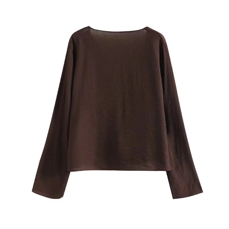 YENKYE Spring 2025 Women Brown Long Sleeve V Neck Ruffle Shirt Office Casual Blouse Blusas Mujer image 2