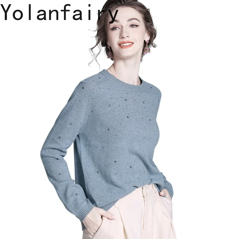 

YOLANFAIRY 89% Wool 11% Cashmere Sweater Woman Autumn Winter Gentle Pullovers Women's Clothing Korean Fashion Tops Blue Sweaters