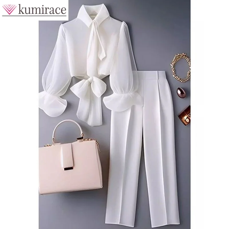 

Bow Tie Shirt Collar Chiffon Shirt Top Casual Pants Two-piece Set Elegant Women's Spring and Summer Set Full Outfit