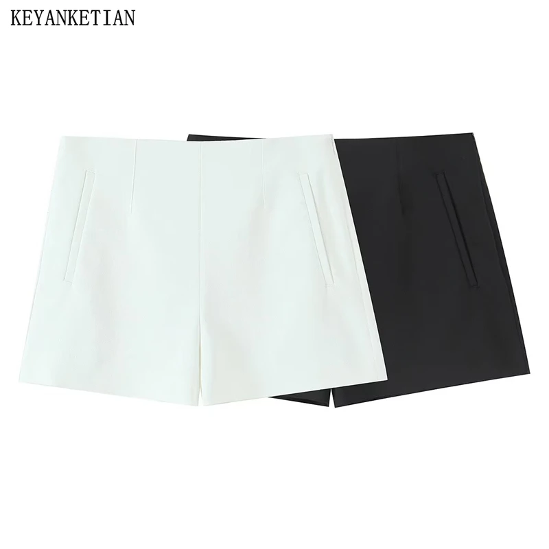 

KEYANKETIAN 2025 Summer New Women's Zipper High Waist Straight Shorts Solid color Simple style Fashion Pockets Casual Hot Shorts