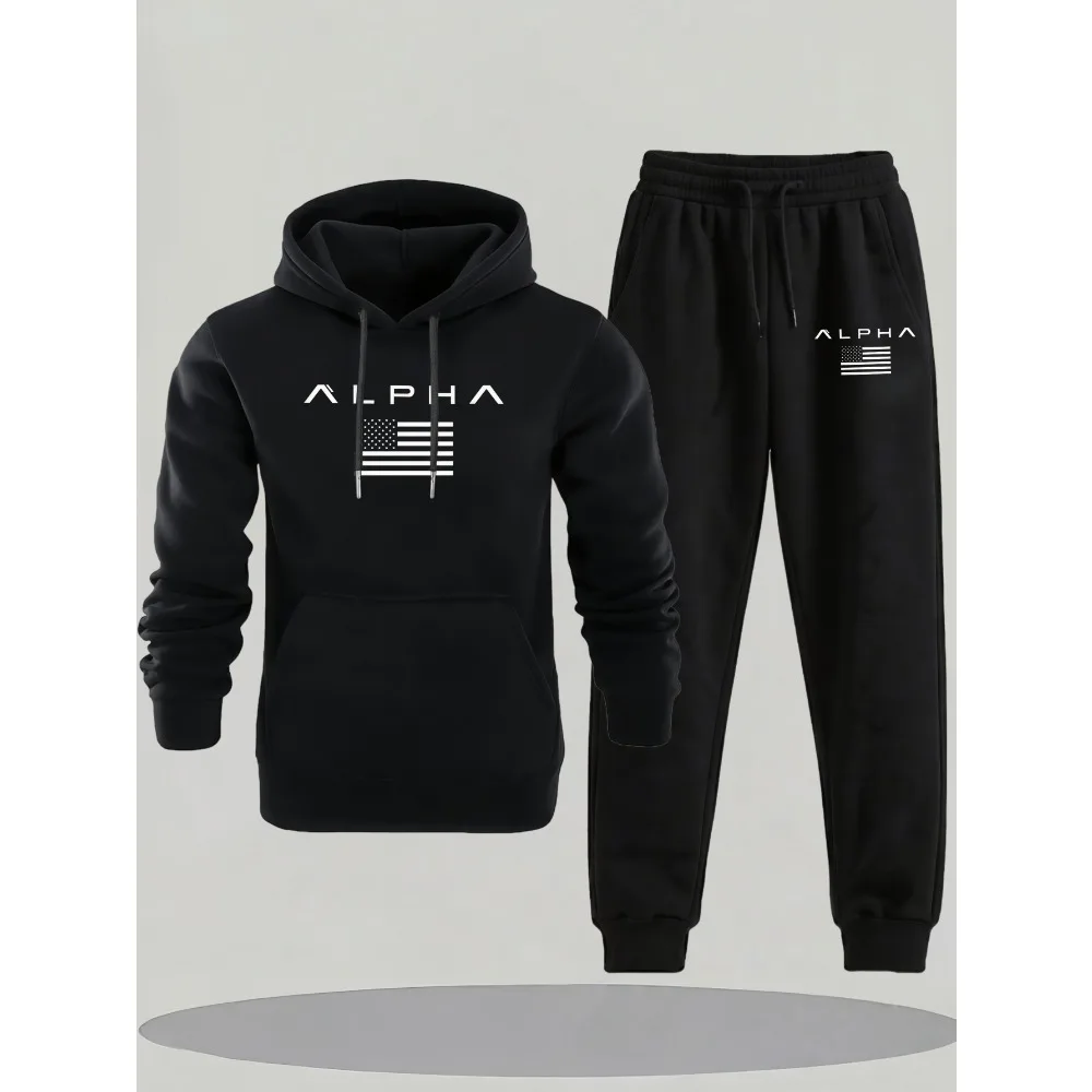 بدلة على الموضة للرجال لخريف وشتاء 2025، سويت شيرت بقلنسوة مريح ومطبوع للرجال مع جيوب #5