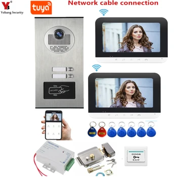 Yobang segurança com fio wi fi vídeo porteiro sistema de campainha telefone desbloqueio remoto rfid câmera metal para 2 apartamentos família