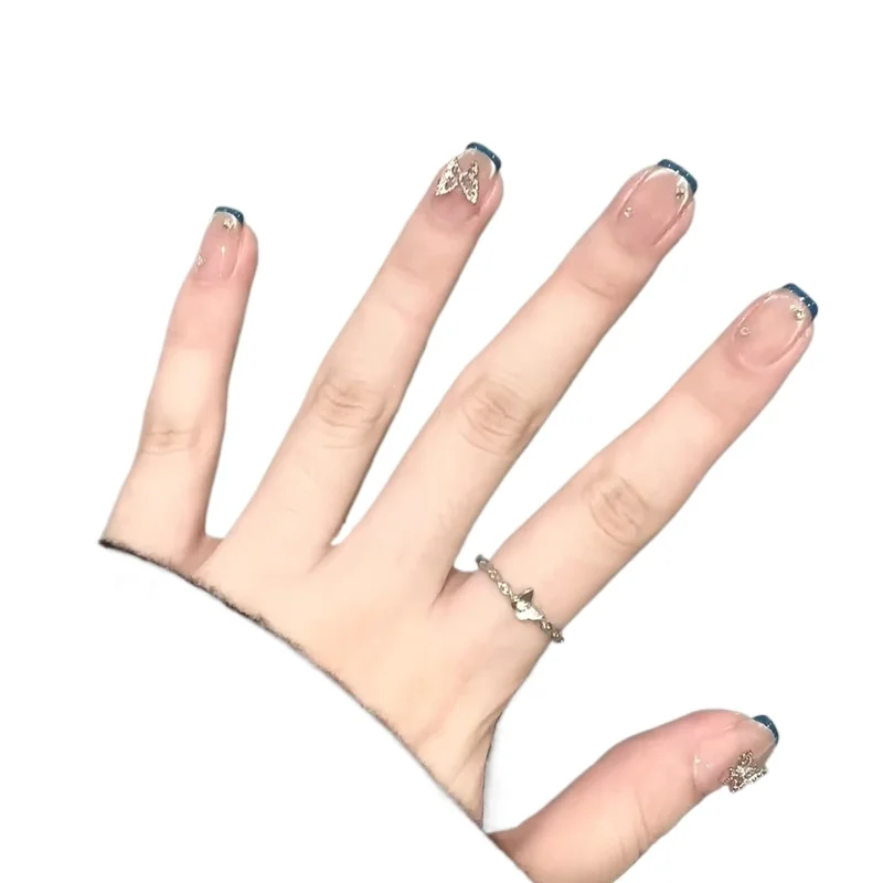 

Hand-worn nail short butterfly lake blue French edge manicure piece cat eye fake nail