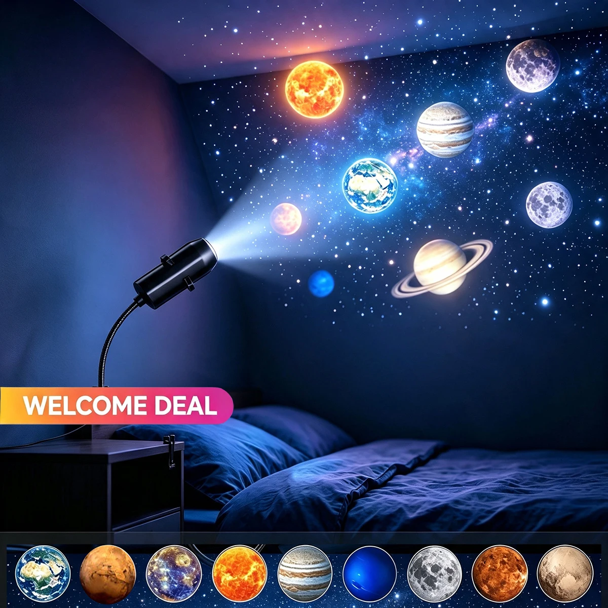 Image of USB-Sternenhimmel-Projektorlampe 360° ° Drehbarer Flexibler Schlauch Planeten-Galaxie-Projektionslampe mit 17/12 Stück Filmslides für Schlafzimmer