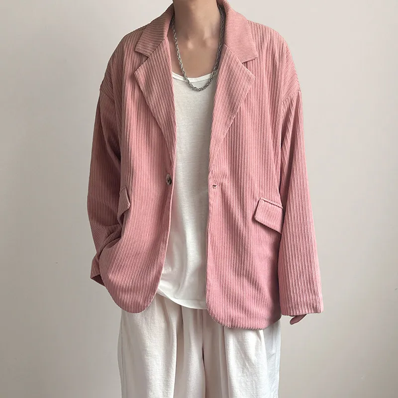

Retro Korean Style Loose Fit Casual Pink Corduroy Men's Suit Jacket for Commuting Versatile Comfortable Breathable Long Sleeve