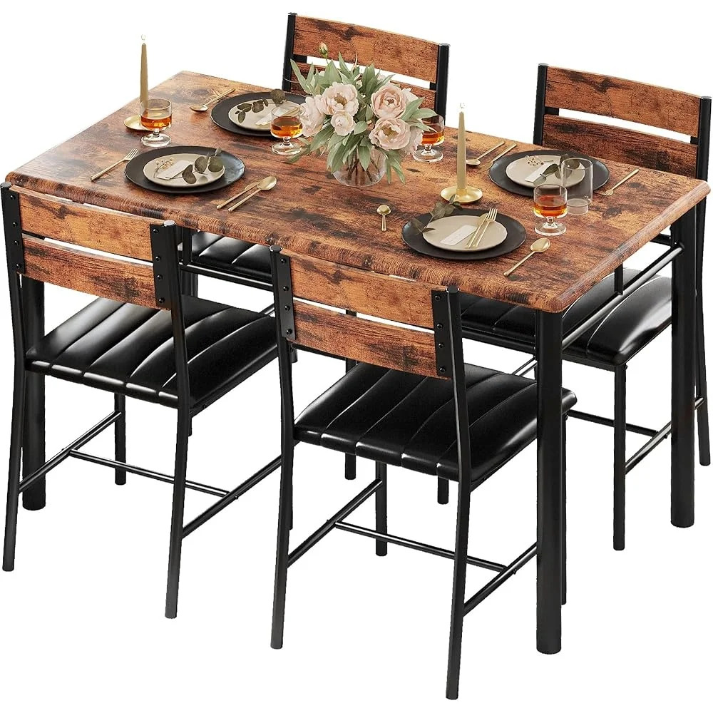 Rustieke bruine 5-delige houten eetset met gestoffeerde stoelen Ruimtebesparend ontwerp Comfortabel keukenmeubilair Gemakkelijk onderhoud