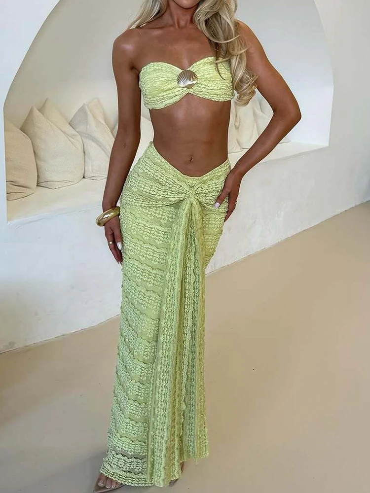 

Lady Slim Bodycon Skirt Holiday Outfits Beach Style Summer Matching Suit Women Sexy Strapless Short Tops And Skirt Two Piece Set