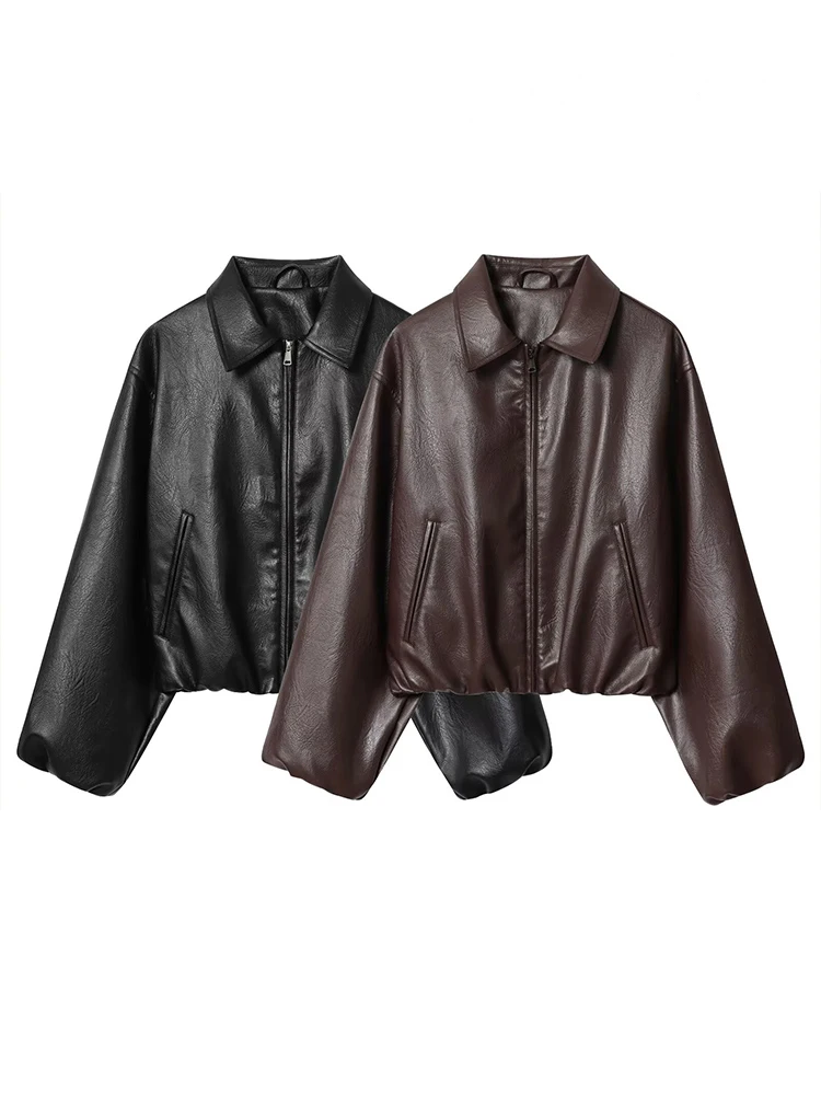 HH Women's Autumn Vintage New Faux Leather Pilot Lapel Collar Jacket Female Fashion Versatile Zipper Pocket Warm Casual Coat