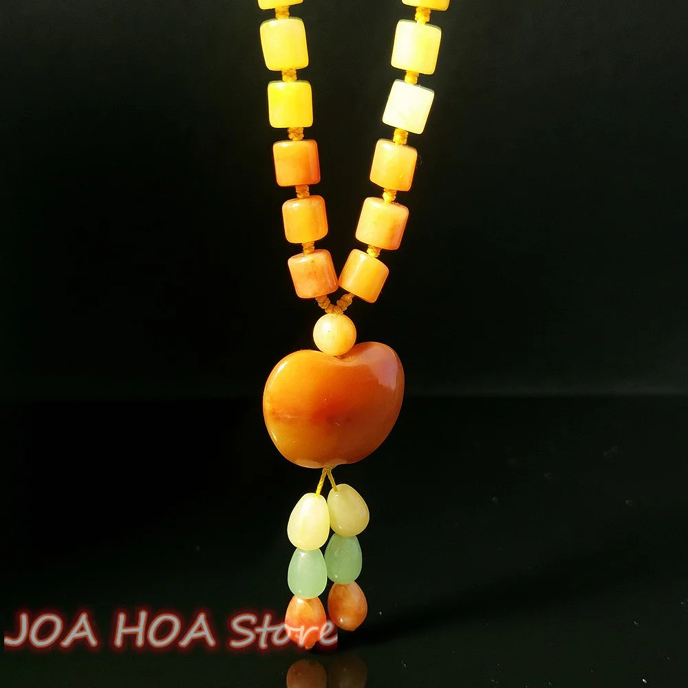 Colorful Beautiful Natural Golden Silk Jade Apple Barrel Bead Sweater Chain Red Yellow With Three-color Necklace Fine Jewelry