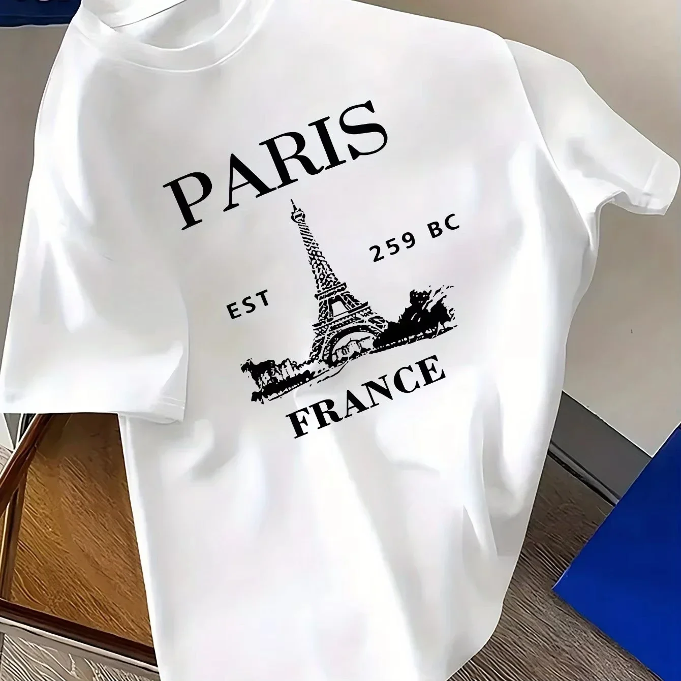 Men's summer 100% cotton retro style Paris Eiffel Tower print fashionable casual sports loose round neck short sleeved T-shirt