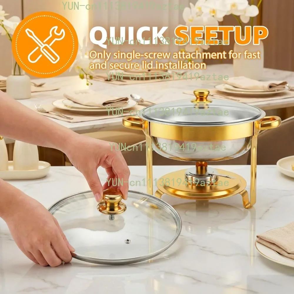 4 Pack 5QT Round Chafing Dishes Buffet, Gold Silver Stainless Steel with Glass Lid, Food Warmers for Party