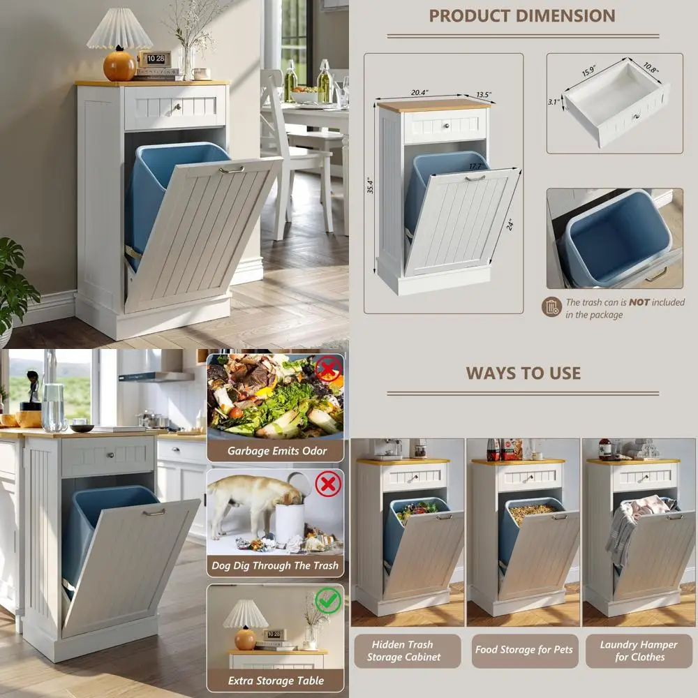 

Dog-Proof Tilt-Out Trash Bin Cabinet for Kitchen Island - White, Ideal for Secure Garbage Storage and Laundry Hamper Alternative