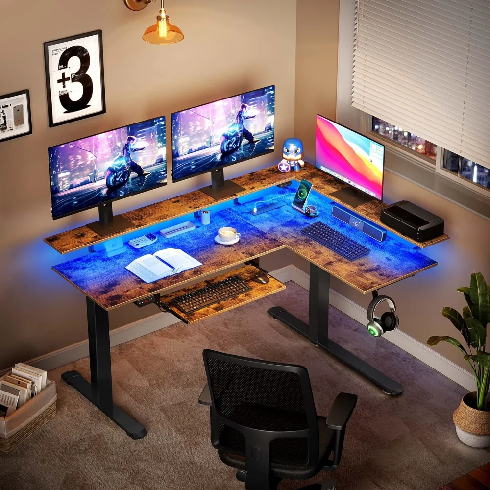 

Shaped Standing Desk with LED Light and Power Outlet, Dual Motor Height Adjustable Electric Standing Desk with Monitor Stand