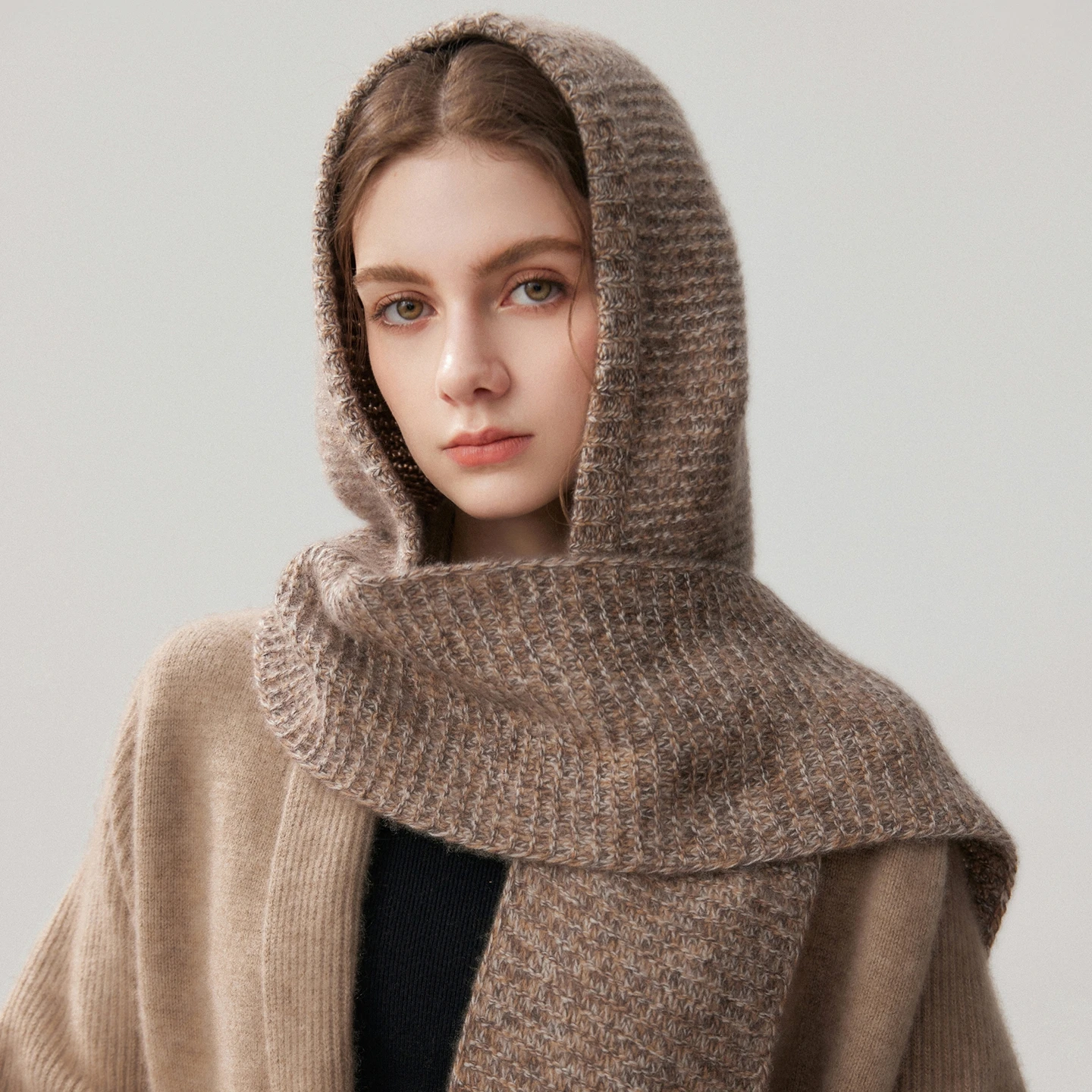 Winter New Women's Hooded Scarf 100% Cashmere Knit Scarf Hat Outdoor Warm Fashion Girl Cap Lady Quality Soft Scarf Neck Warmth