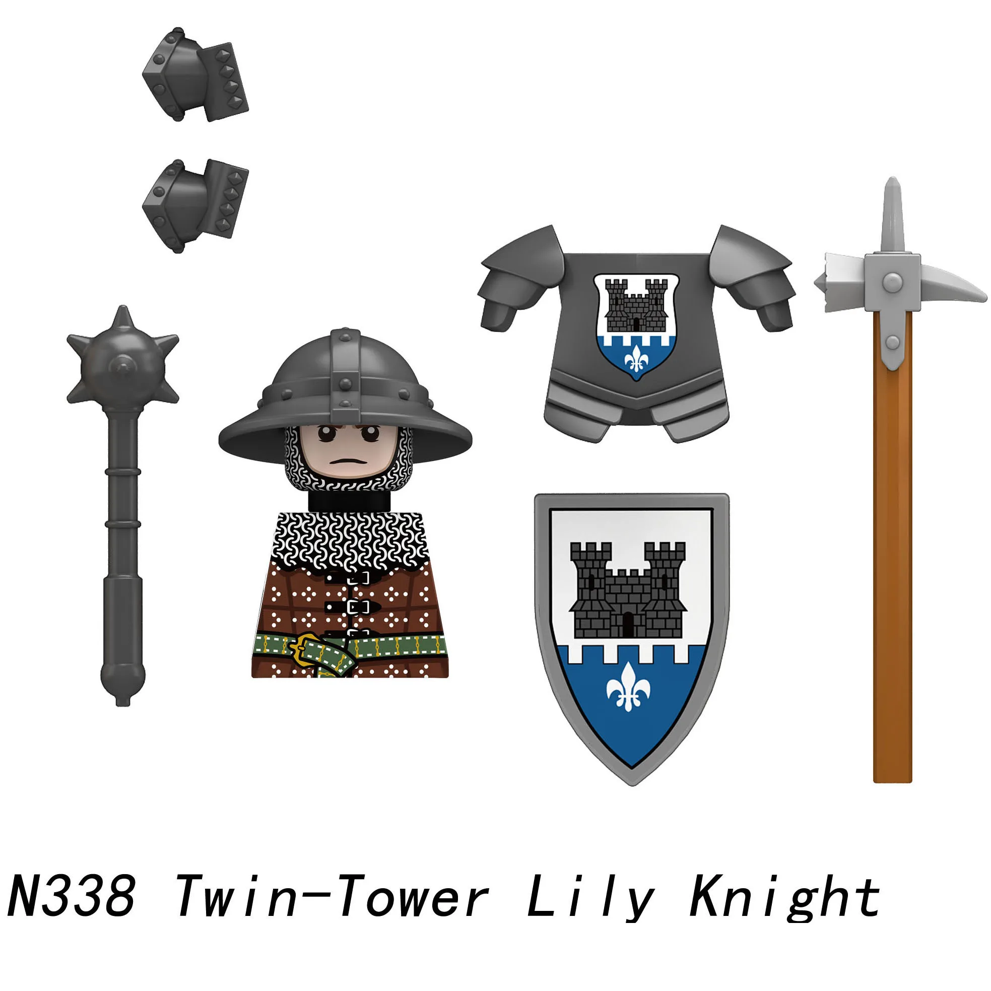 MOC Mittelalterliche Burgturm-Ritterfiguren Bausteine Waffen Schild Schwert Helme Rüstung Weste Hirsch Soldaten Armee Bausteine Spielzeug