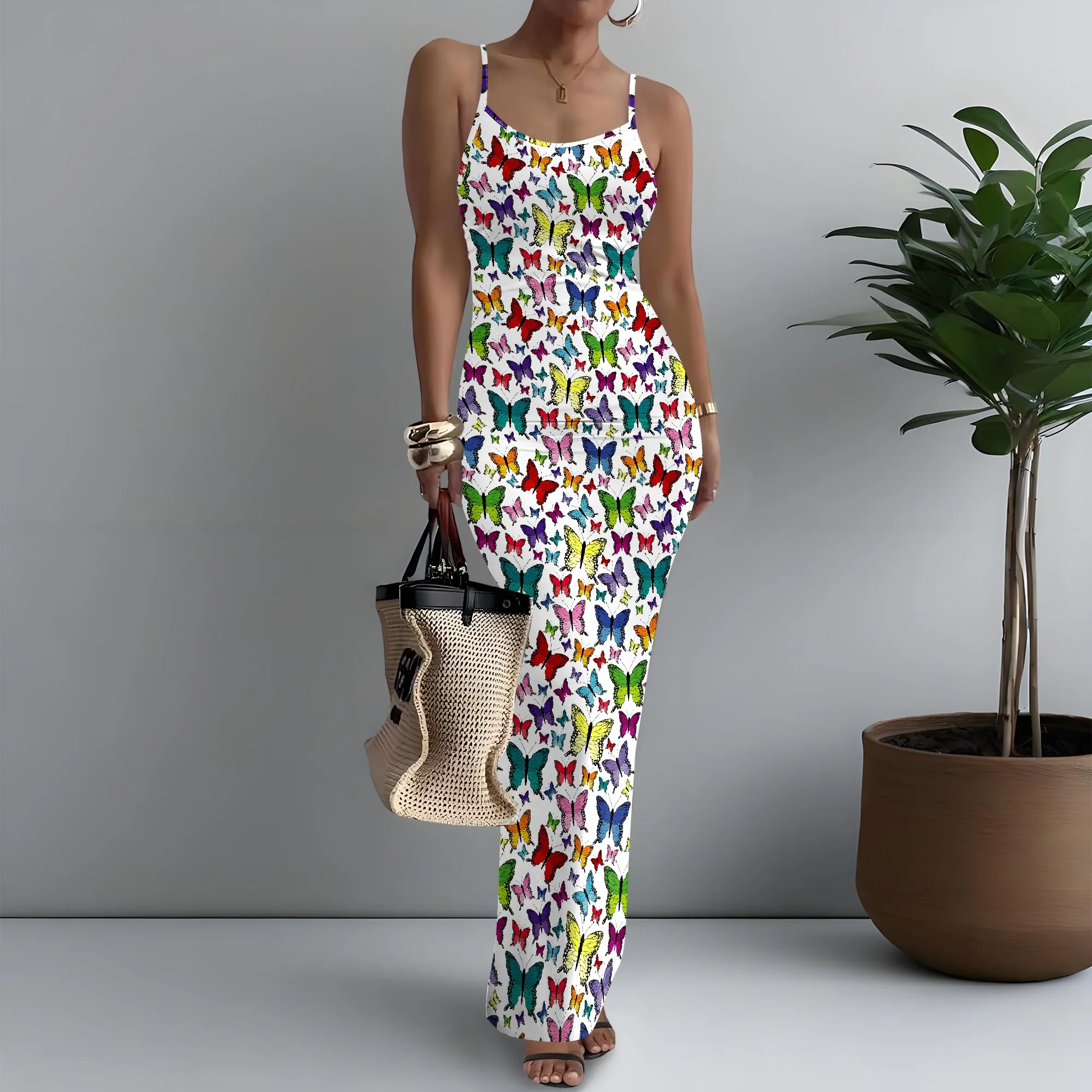 

Women's Spaghetti Strap Maxi Dress Minimalist Butterfly Print Work XS-3XL