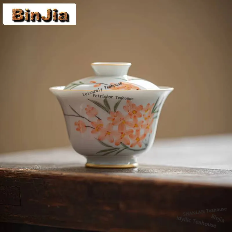 

110 мл Нефритовая грязевая крышка ручной работы чаша Ручная роспись персиковый цвет Gaiwan ретро в контуре золотой чай Tureen чай пивоваренный чай подарки для рукоделия