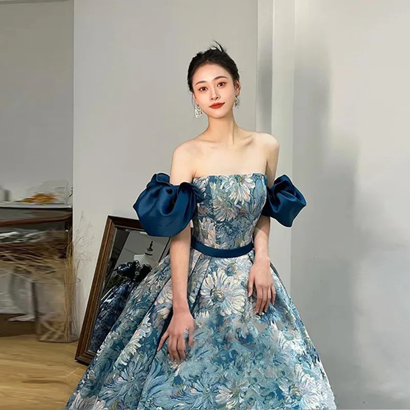 Palace Style Strapless Banquet Evening Dress 2025 New Bride Engagement Dress High-end Ink Painting Host Evening Dress Customized