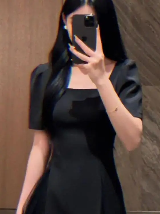 Summer New plus Size Black Dress Women's Square Collar Hepburn Style Elegant Slimming Long Dress Casual High Waist A-Line Skirt