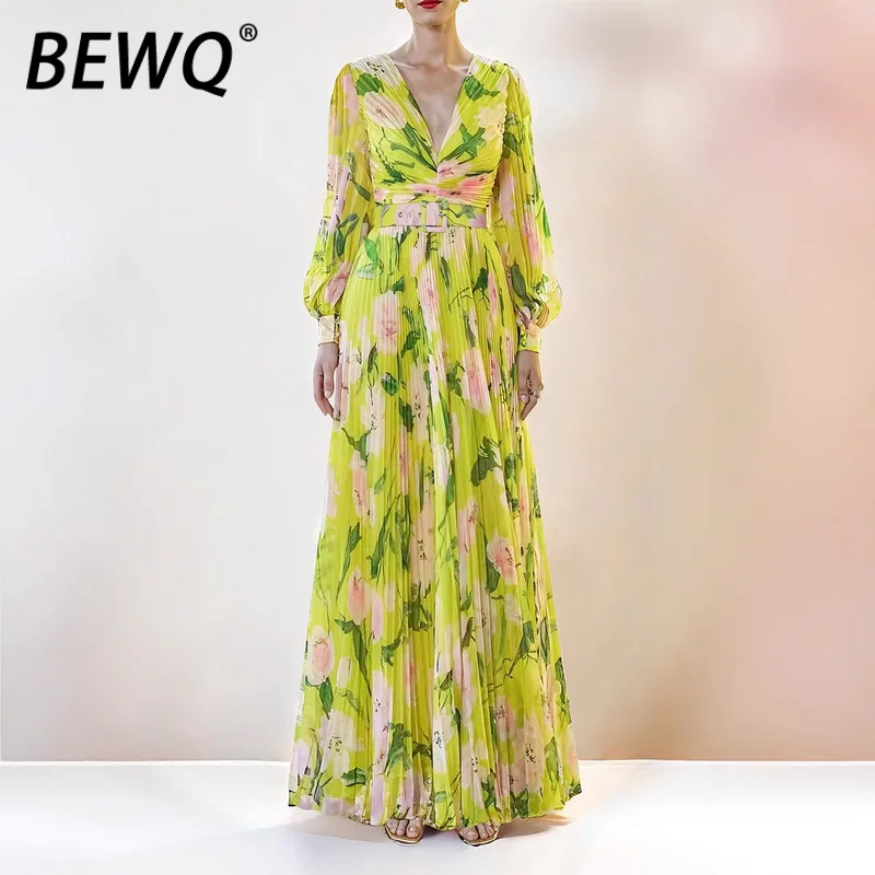 

Модное женское элегантное платье BEWQ с V-образным вырезом, длинными рукавами, плиссированным принтом, завышенной талией, для вечеринок, весна 2026, новинка
