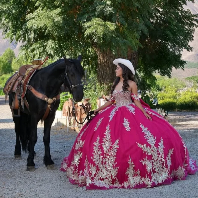 

Rose Pink Quinceanera Dress off-shoulder Glitter Decal Long tail Bow Vestidos De 15 Quinceanera ﻿Customize