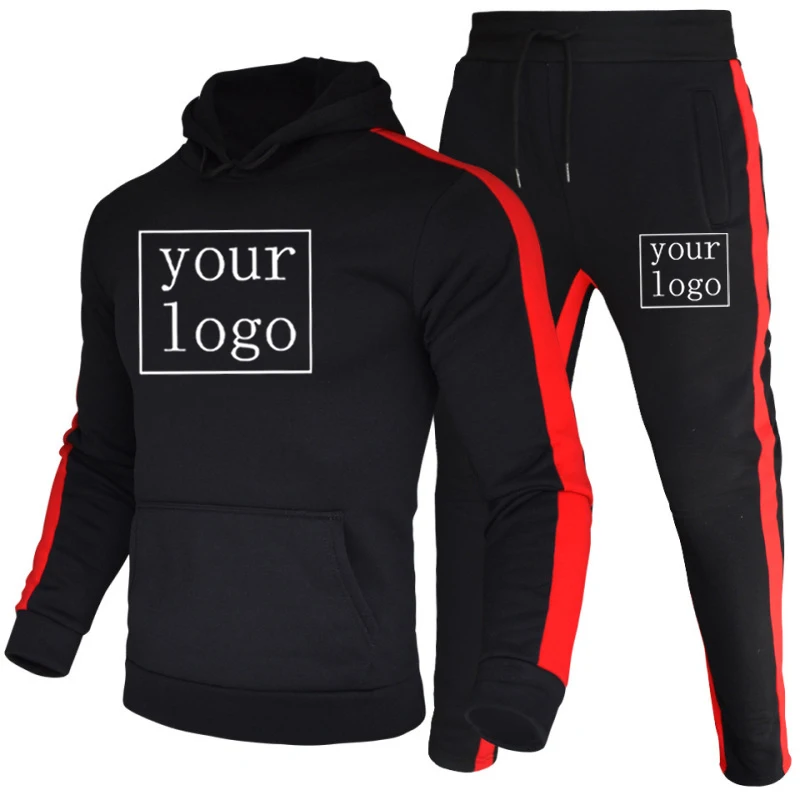 Make Your Design Logo Text Custom Hoodies 2 Piece Tracksuit Color Block Stripes Sportswear Men\'s Casual Winter Warm Jogging Suit